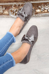 Grey Faux Suede Bow Front Loafers - Geena-Flats