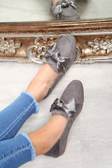 Grey Faux Suede Bow Front Loafers - Geena-Flats