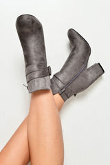 Grey Faux Suede Buckle Detail Ankle Boots - Jaielle-Boots