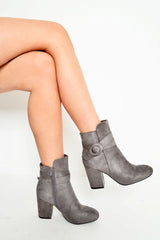 Grey Faux Suede Buckle Detail Ankle Boots - Jaielle-Boots