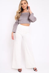 Grey Faux Suede Crop Bardot Top - Torri-Crop Tops