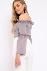 Grey Faux Suede Crop Bardot Top - Torri-Crop Tops