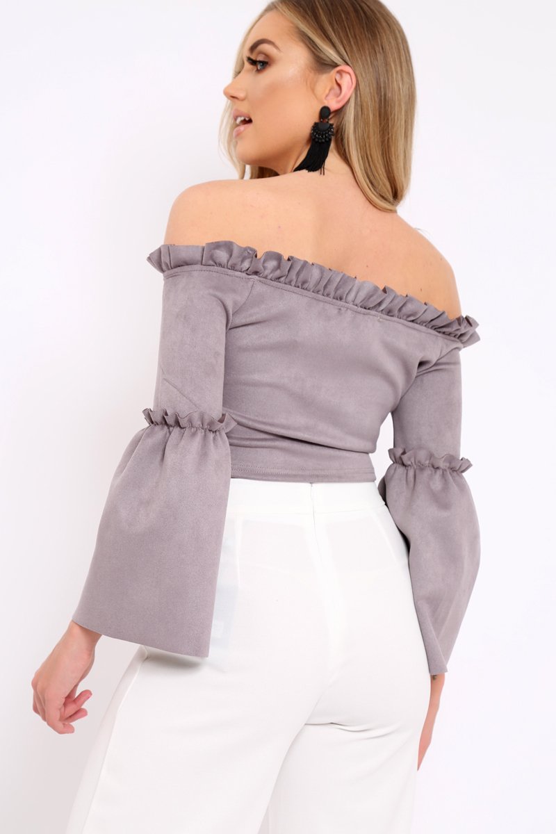 Grey Faux Suede Crop Bardot Top - Torri-Crop Tops
