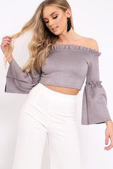 Grey Faux Suede Crop Bardot Top - Torri-Crop Tops