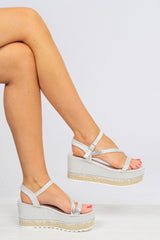 Grey Faux Suede Dimante Ankle Strap Wedges - Clarah-Wedges