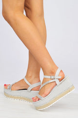 Grey Faux Suede Dimante Ankle Strap Wedges - Clarah-Wedges