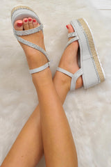 Grey Faux Suede Dimante Ankle Strap Wedges - Clarah-Wedges