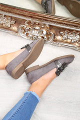 Grey Faux Suede Embellished Front Flats - Jelisa-Flats