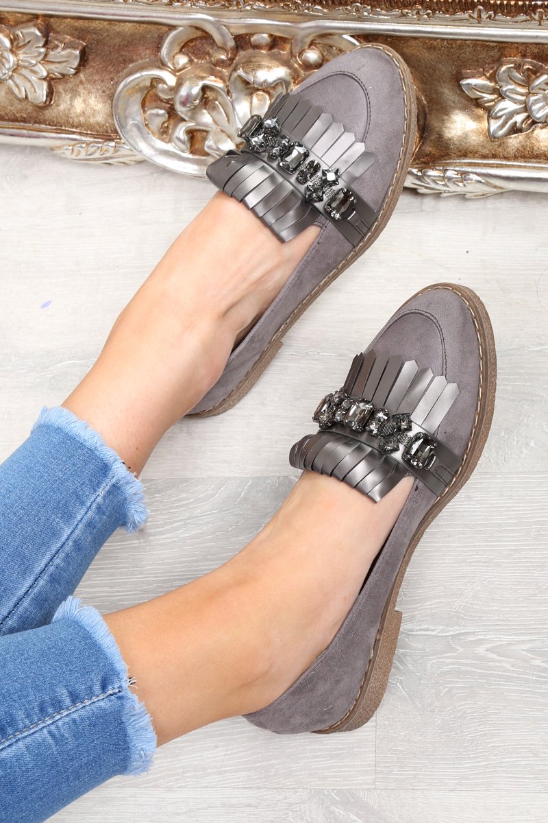 Grey Faux Suede Embellished Front Flats - Jelisa-Flats