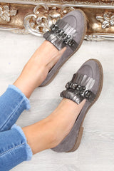 Grey Faux Suede Embellished Front Flats - Jelisa-Flats