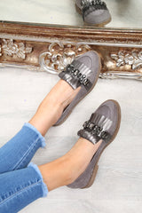 Grey Faux Suede Embellished Front Flats - Jelisa-Flats
