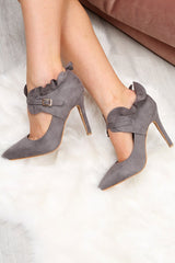 Grey Faux Suede Frill Court Heels - Brynna-Heels