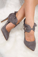 Grey Faux Suede Frill Court Heels - Brynna-Heels