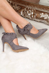Grey Faux Suede Frill Court Heels - Brynna-Heels