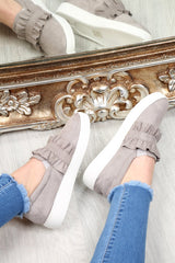 Grey Faux Suede Frill Slip On Trainers - Nara-Trainers