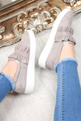 Grey Faux Suede Frill Slip On Trainers - Nara-Trainers