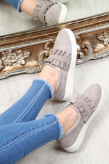 Grey Faux Suede Frill Slip On Trainers - Nara-Trainers