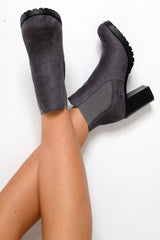 Grey Faux Suede Heeled Ankle Boots - Kiara-Boots