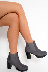 Grey Faux Suede Heeled Ankle Boots - Kiara-Boots