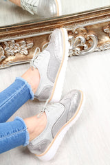 Grey Faux Suede Lace Up Wedged Brogue Trainers - Tonya-Trainers