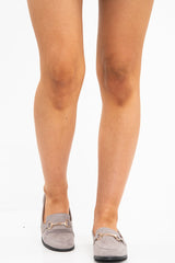 Grey Faux Suede Metal Hardware Front Loafers - Michelle-Flats