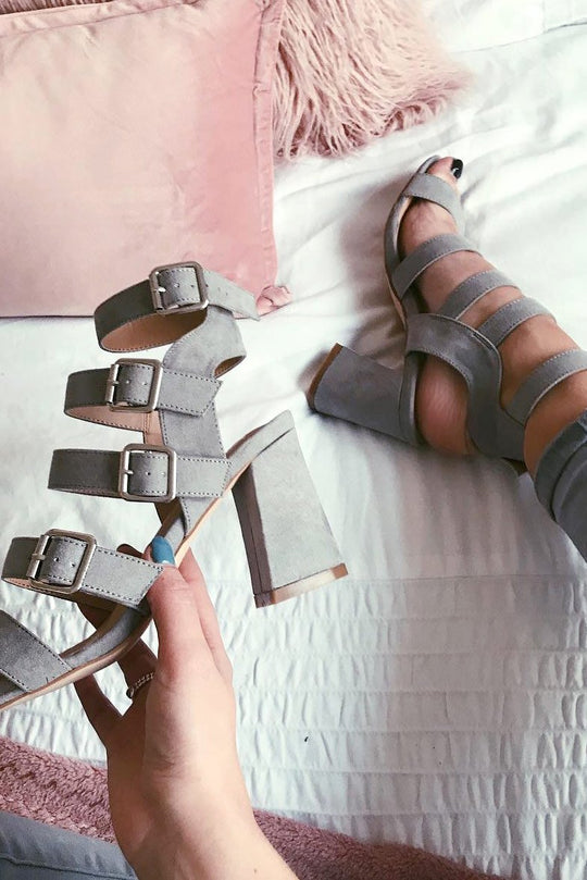 Grey Faux Suede Multi Buckle Block Heels - Briya