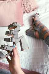 Grey Faux Suede Multi Buckle Block Heels - Briya-Heels