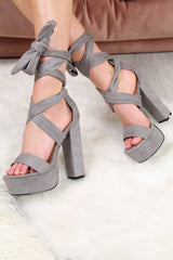 Grey Faux Suede Platform Lace Up High Heels - Niara-Heels