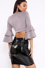 Grey Faux Suede Plunge Front Crop Top - Quorra-Crop Tops