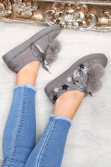 Grey Faux Suede Pom Pom Trainers - Ellany-Trainers