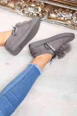 Grey Faux Suede Pom Pom Trainers - Ellany-Trainers