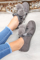 Grey Faux Suede Pom Pom Trainers - Ellany-Trainers