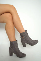 Grey Faux Suede Strap Detail Buckle Ankle Boots - Sabryna-Boots