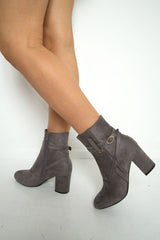Grey Faux Suede Strap Detail Buckle Ankle Boots - Sabryna-Boots