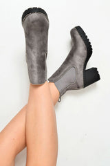 Grey Faux Suede Stud Trim Chunky Chelsea Boots - Leana-Boots