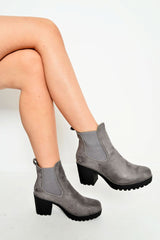 Grey Faux Suede Stud Trim Chunky Chelsea Boots - Leana-Boots