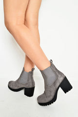 Grey Faux Suede Stud Trim Chunky Chelsea Boots - Leana-Boots