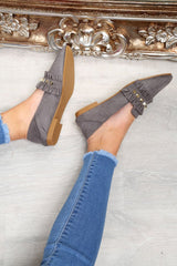 Grey Faux Suede Studded Loafers - Kenia-Flats