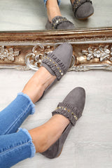 Grey Faux Suede Studded Loafers - Kenia-Flats