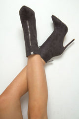 Grey Faux Suede Studded Zip Up Shoe Boots - Niomi-Boots