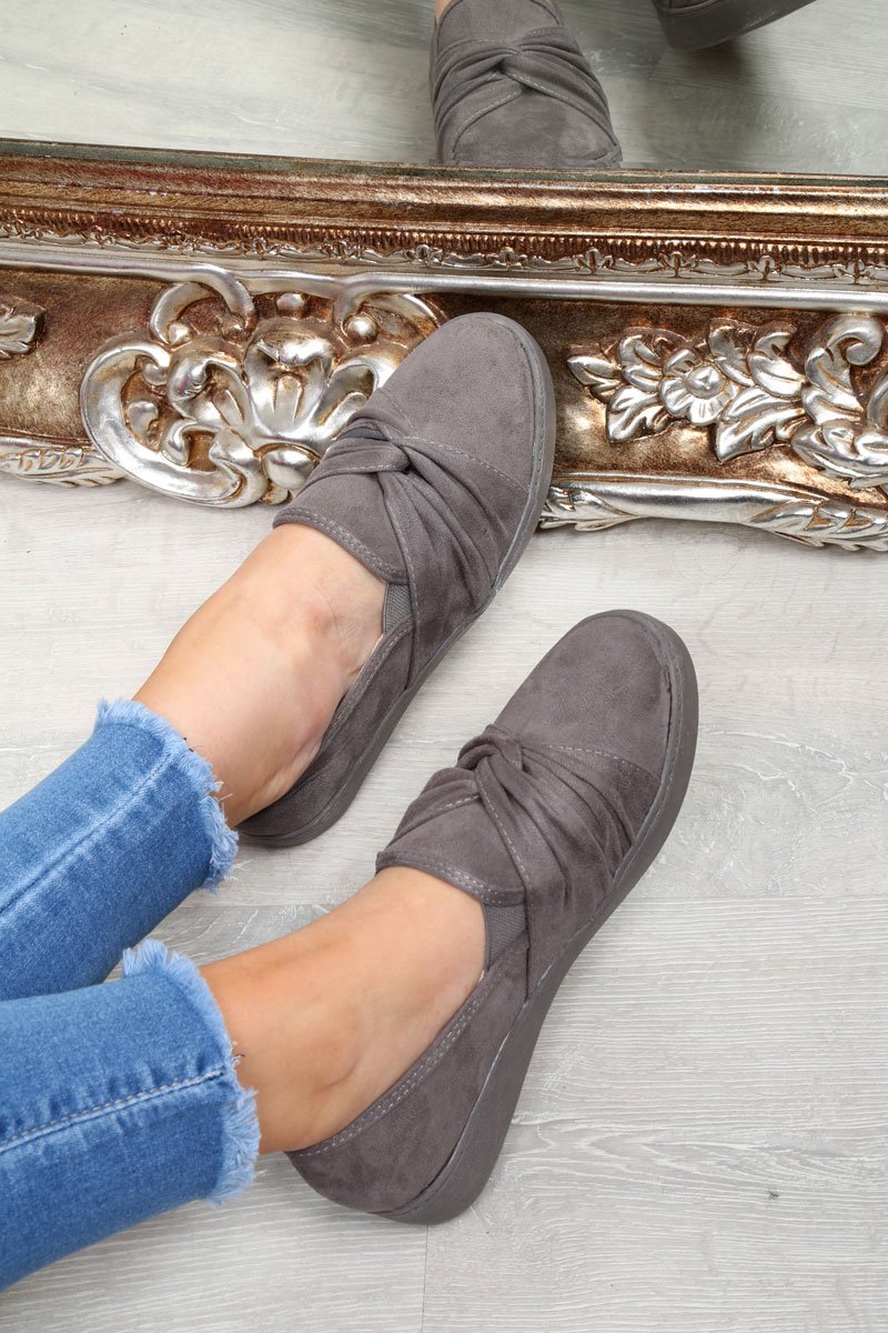 Grey Faux Suede Twist Front Pumps - Krissy-Flats