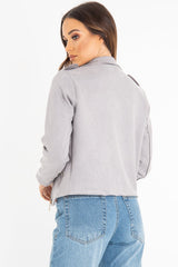 Grey Faux Suede Zip Front Biker Jacket - Isadora-Jackets