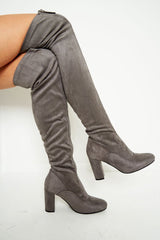 Grey Faux Suede Zip Front Over The Knee Boots - Vienna-Boots