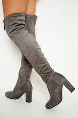 Grey Faux Suede Zip Front Over The Knee Boots - Vienna-Boots