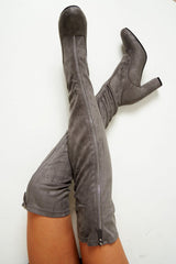 Grey Faux Suede Zip Front Over The Knee Boots - Vienna-Boots