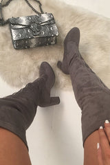 Grey Faux Suede Zip Front Over The Knee Boots - Vienna-Boots