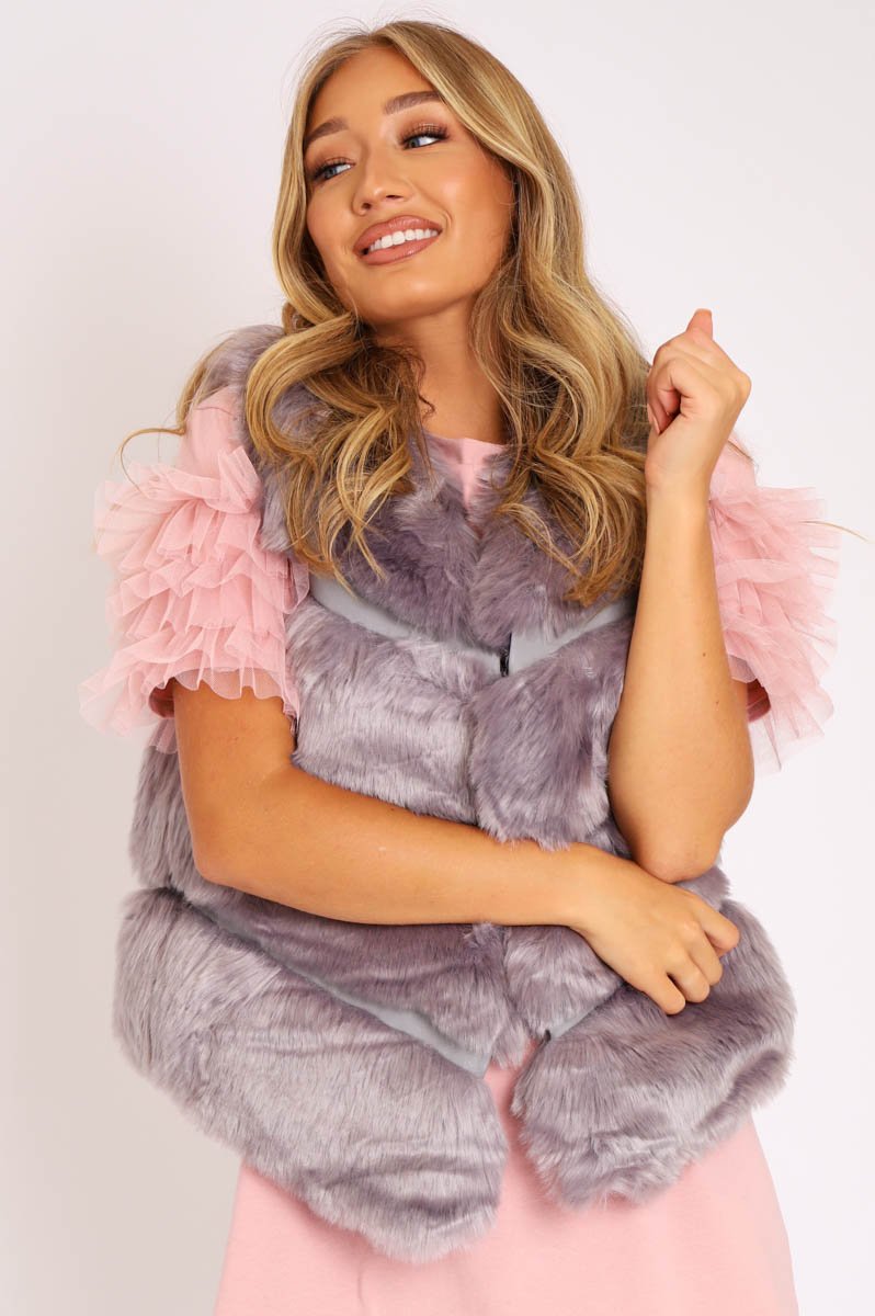 Grey Faux leather and Fur Gilet - Felicia-Jackets