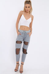 Grey Fish Net Panel Detail Joggers - Mikaela-Trousers