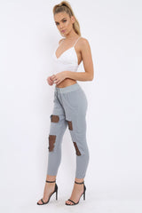 Grey Fish Net Panel Detail Joggers - Mikaela-Trousers