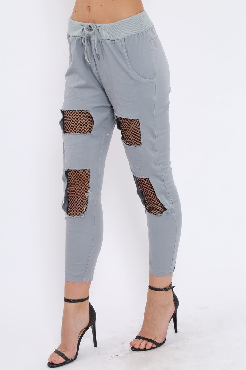 Grey Fish Net Panel Detail Joggers - Mikaela-Trousers